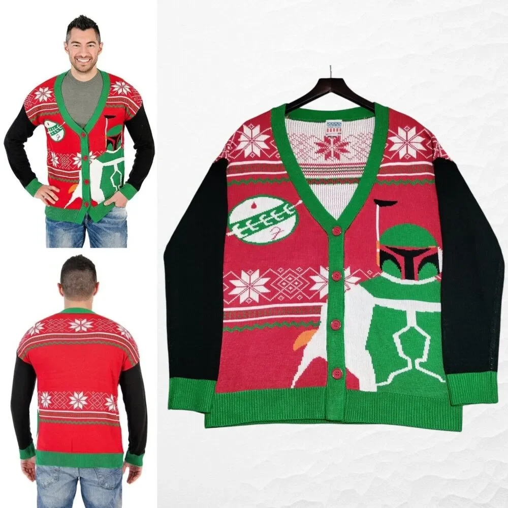 Junk Food Mens Large Star Wars Boba Fett Ugly Christmas Sweater Cardigan - Picture 1 of 15